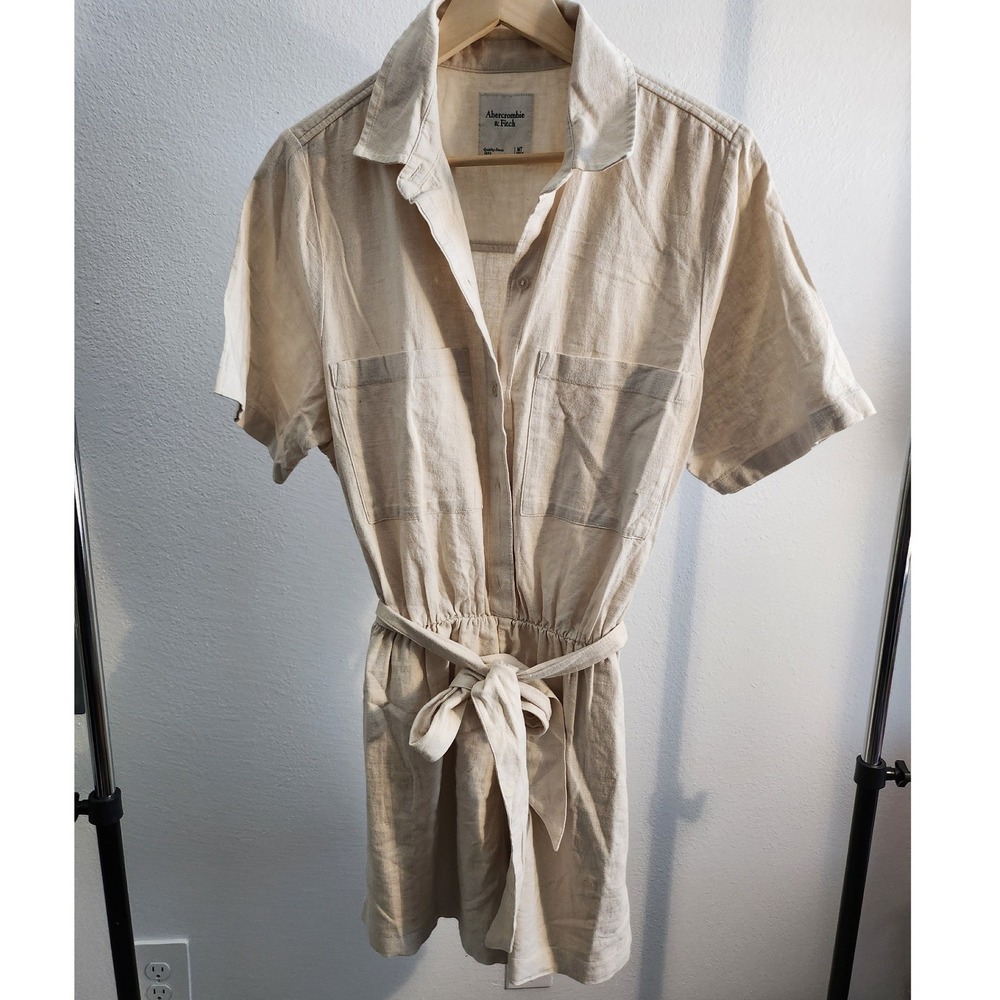 Abercrombie Fitch Linen Blend Utility Romper Tan Belted Short Sleeve Womens MT